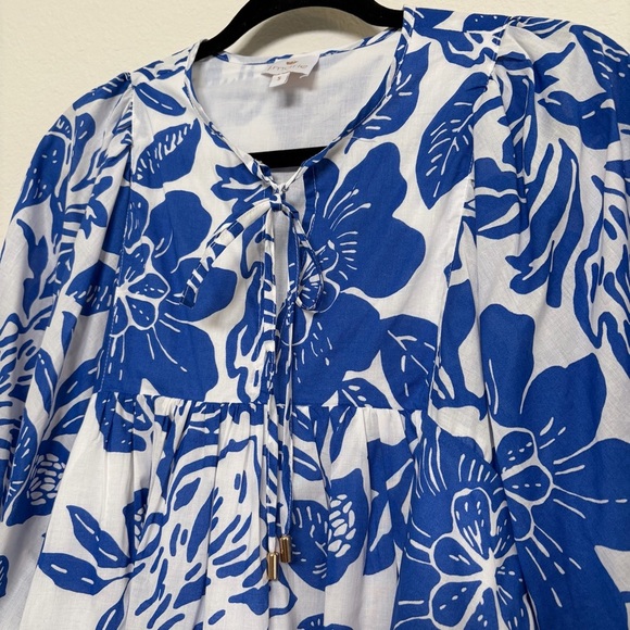 J. Marie Laken Puff Sleeve Tunic Blue White Floral Size Small - Picture 8 of 9